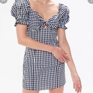 Urban Outfitters Tie Front Checked Gingham Puff Sleeve Dress